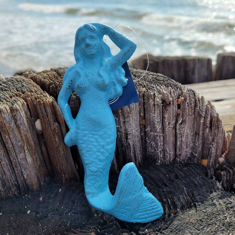 Distressed Blue Mermaid Hook Cast Iron Coastal Decor